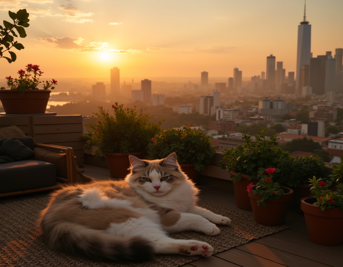 Cat relaxes on a rooftop terrace, enjoying the serenity above the urban buzz.